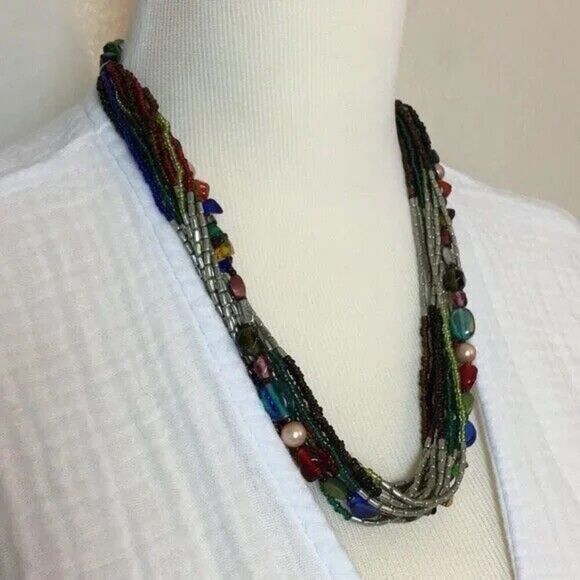 Layered Beaded Necklace Silver Tone Multicolor Multi Strand Statement 23in - Picture 5 of 7